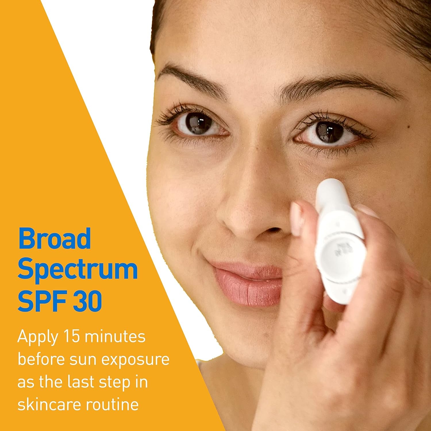 CeraVe mineral sunscreen stick SPF 50 applied on face for broad-spectrum sun protection before sun exposure.