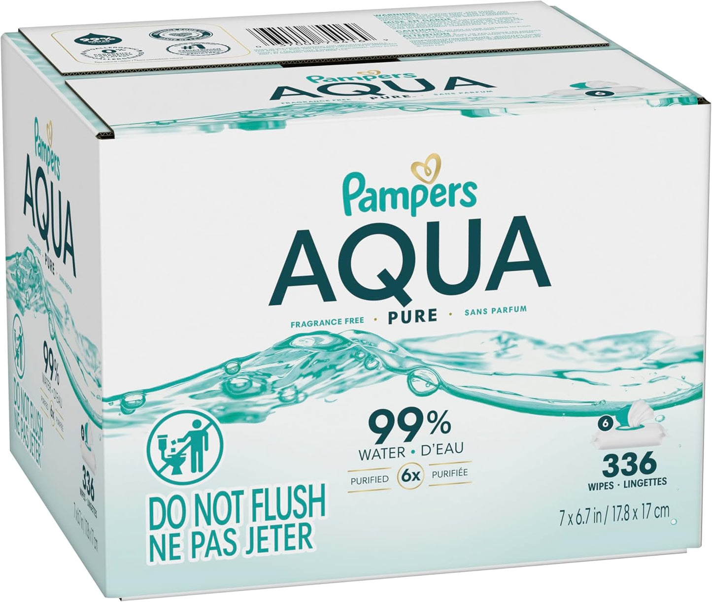 Pampers Aqua Pure Baby Wipes, 99% Water, Fragrance Free, Unscented, Water Based, Multi-Use, 336 Wipes Total (6X Flip-Top Packs) [Packaging May Vary]