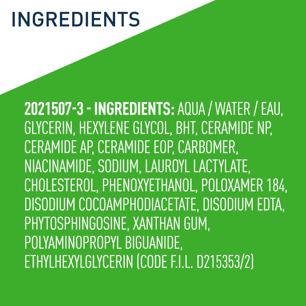 CeraVe micellar water cleanser ingredient list including water, glycerin, ceramides, and niacinamide for skin care