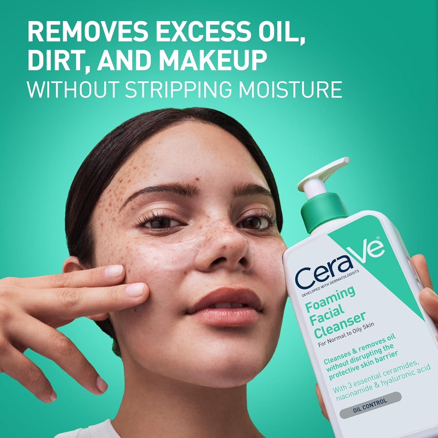 CeraVe foaming cleanser for oily skin removes excess oil, dirt, and makeup while maintaining moisture.