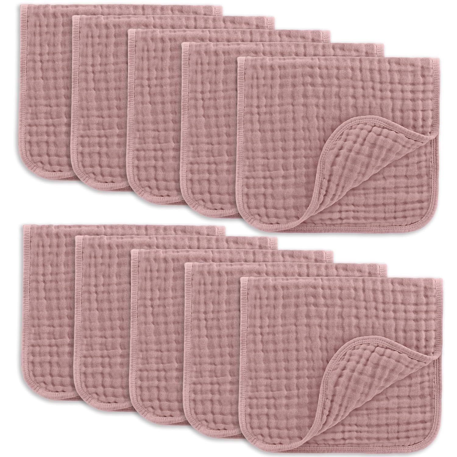 Comfy Cubs Muslin Burp Cloths 20" X 10", Pack of 10 - Large, 6-Layer, Ultra Absorbent 100% Cotton for Baby Drool and Messes - Soft, Safe & Gentle Baby Burp Cloths for Boys & Girls - Mauve