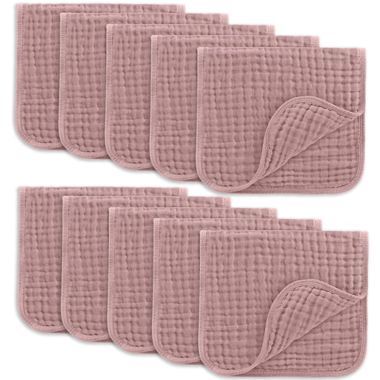 Comfy Cubs Muslin Burp Cloths 20" X 10", Pack of 10 - Large, 6-Layer, Ultra Absorbent 100% Cotton for Baby Drool and Messes - Soft, Safe & Gentle Baby Burp Cloths for Boys & Girls - Mauve