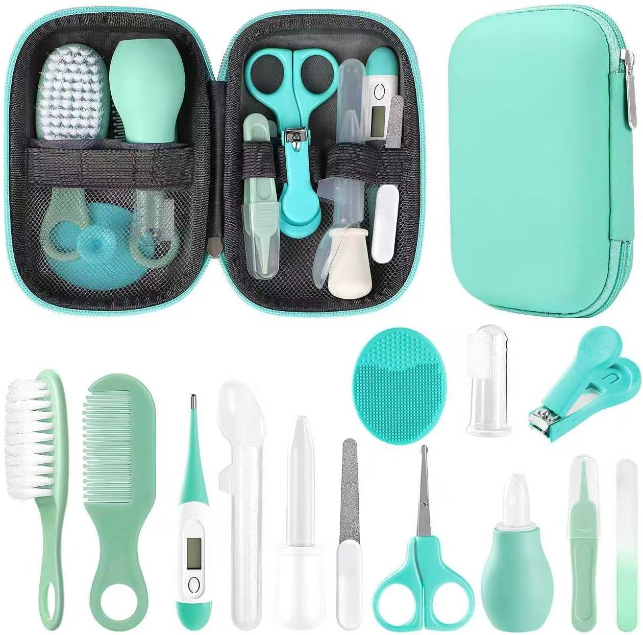 Baby grooming kit essentials featuring various tools like a hair brush, nail clipper, and nasal aspirator in a teal case.